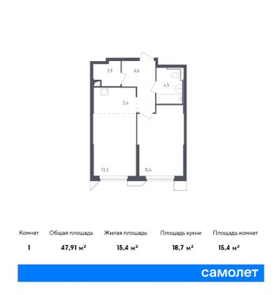 47,9 м², 1-комн. квартира, 20/32 этаж