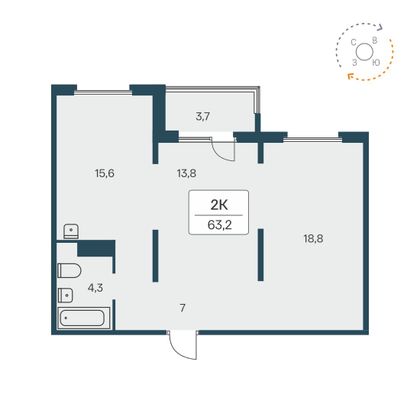 63,2 м², 2-комн. квартира, 16/17 этаж