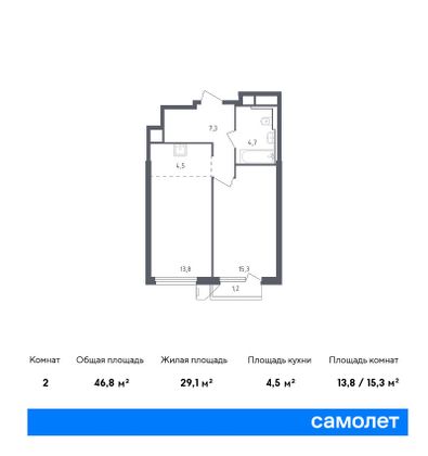 46,8 м², 1-комн. квартира, 8/30 этаж