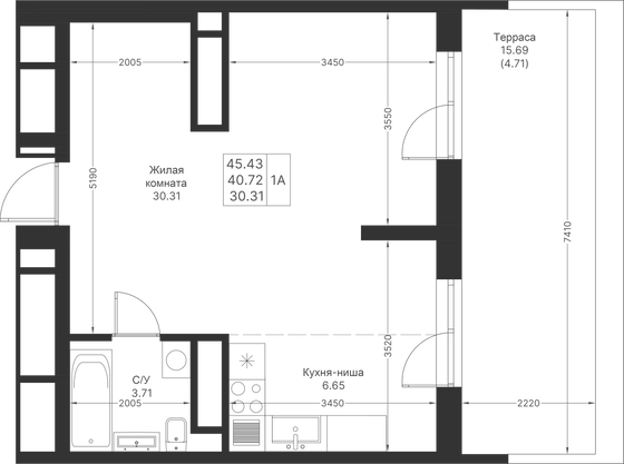 Продажа квартиры со свободной планировкой 45,4 м², 17/24 этаж