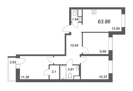 63,9 м², 4-комн. квартира, 6/12 этаж