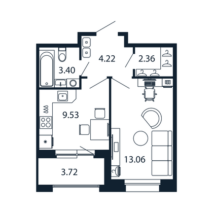 Продажа 1-комнатной квартиры 34,4 м², 3/12 этаж