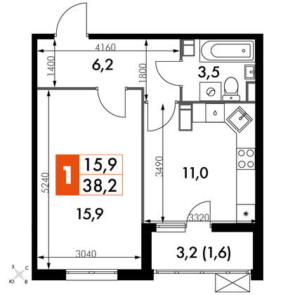 38,2 м², 1-комн. квартира, 14/22 этаж