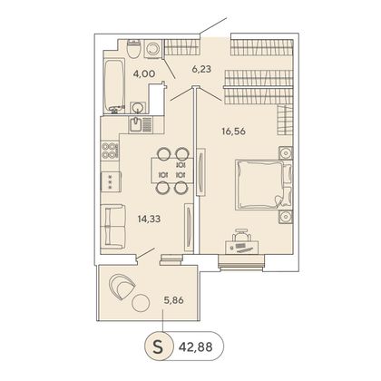 42,9 м², 1-комн. квартира, 10/12 этаж