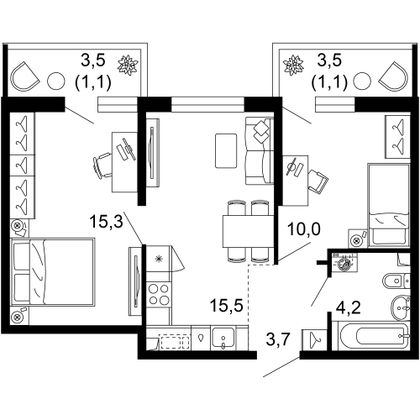 50,9 м², 2-комн. квартира, 1/12 этаж