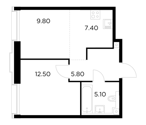 40,6 м², 2-комн. квартира, 6/12 этаж