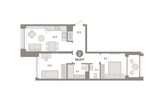 59 м², 2-комн. квартира, 4/9 этаж