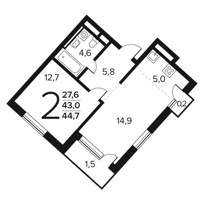 Продажа 2-комнатной квартиры 44,7 м², 7/12 этаж