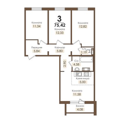 75 м², 3-комн. квартира, 2/10 этаж