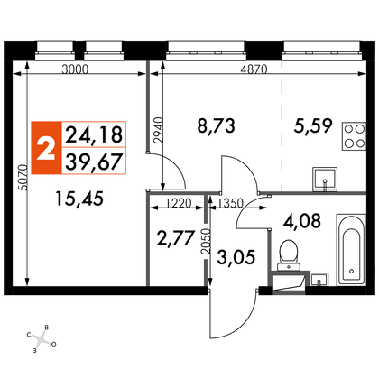 39,7 м², 2-комн. квартира, 8/15 этаж