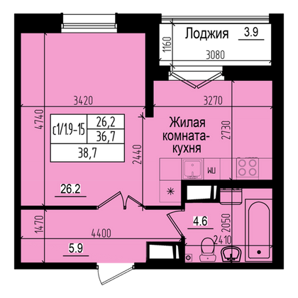 38,7 м², студия, 16/23 этаж