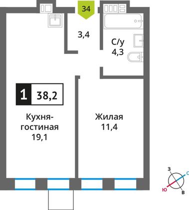 Продажа 1-комнатной квартиры 38,2 м², 6/6 этаж