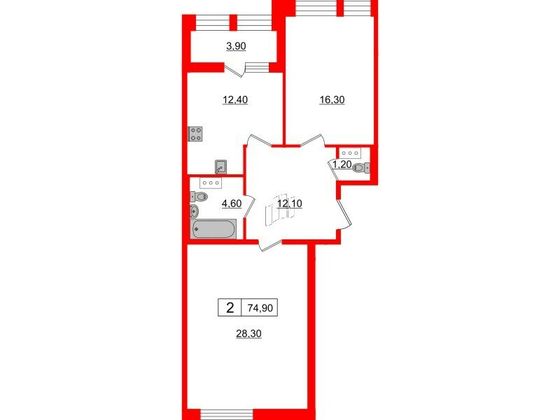Продажа 2-комнатной квартиры 74,9 м², 6/10 этаж
