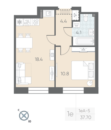 Продажа 1-комнатной квартиры 37,7 м², 2/12 этаж