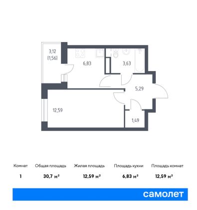 30,7 м², 1-комн. квартира, 14/17 этаж