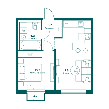 36,8 м², 1-комн. квартира, 2 этаж