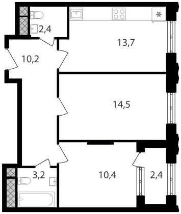 56,8 м², 2-комн. квартира, 19/30 этаж