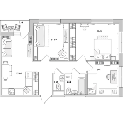 Продажа 3-комнатной квартиры 69,7 м², 2/15 этаж