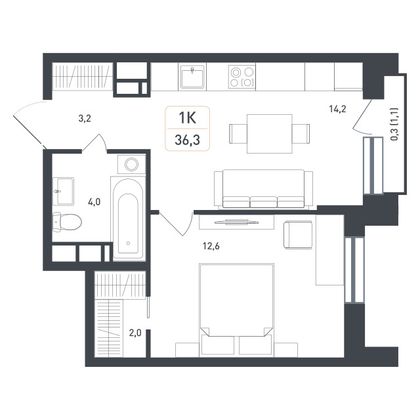 36 м², 1-комн. квартира, 5/8 этаж