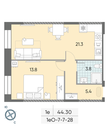 Продажа 1-комнатной квартиры 44,3 м², 16/28 этаж