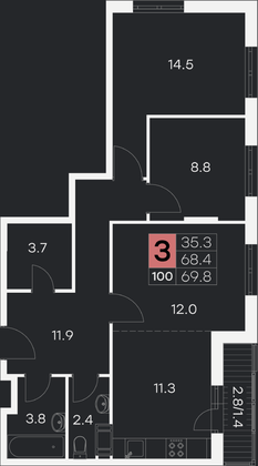 69,8 м², 3-комн. квартира, 8/9 этаж