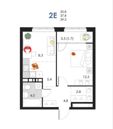 39,5 м², 2-комн. квартира, 5/6 этаж