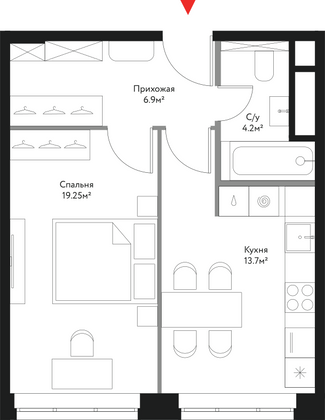 44 м², 2-комн. квартира, 2/20 этаж