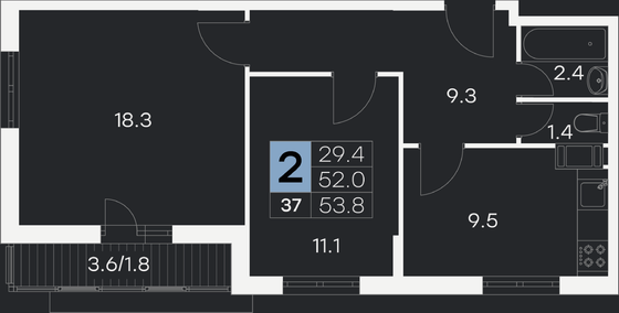 53,8 м², 2-комн. квартира, 7/9 этаж