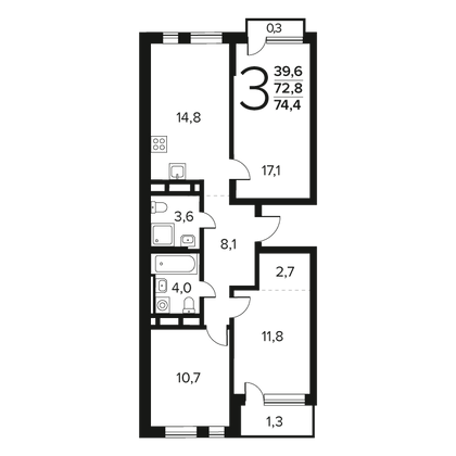 Продажа 3-комнатной квартиры 74,4 м², 11/12 этаж