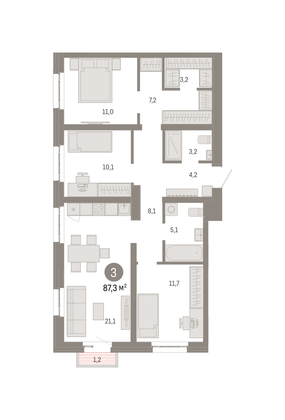 87,3 м², 3-комн. квартира, 8/16 этаж