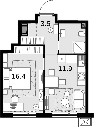 34,9 м², 1-комн. квартира, 17/28 этаж