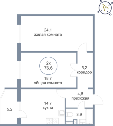 76,6 м², 2-комн. квартира, 5/7 этаж