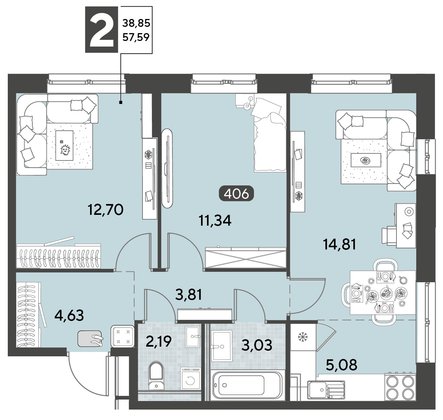 Продажа 3-комнатной квартиры 57,6 м², 4/21 этаж
