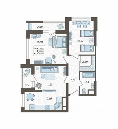 Продажа 3-комнатной квартиры 64,4 м², 17/19 этаж