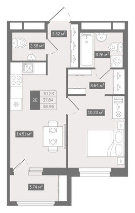 39 м², 1-комн. квартира, 2/12 этаж