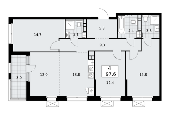 97,6 м², своб. планировка, 12/17 этаж