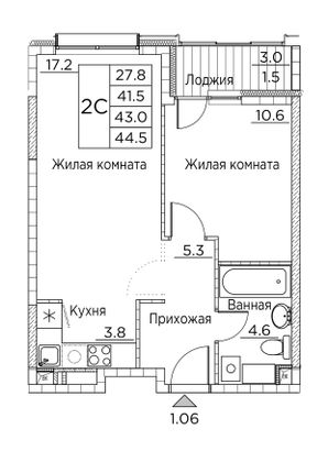 44,5 м², 2-комн. квартира, 2/23 этаж