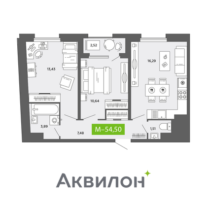 54,5 м², 2-комн. квартира, 15/16 этаж