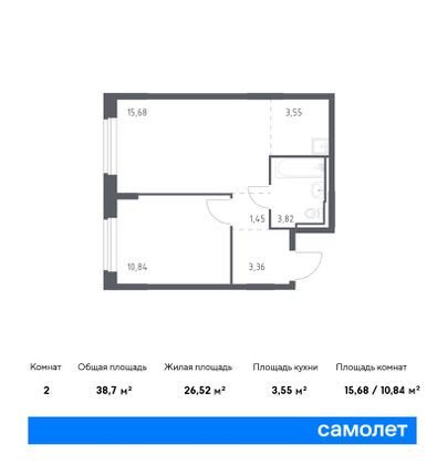 38,7 м², 1-комн. квартира, 1/8 этаж