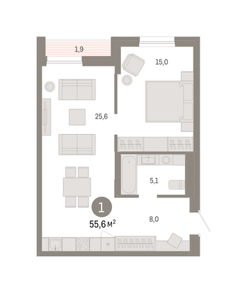 Продажа 1-комнатной квартиры 55,6 м², 10/17 этаж