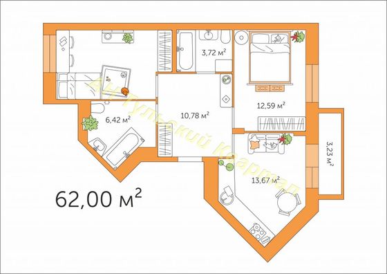 Продажа 2-комнатной квартиры 62 м², 1/5 этаж