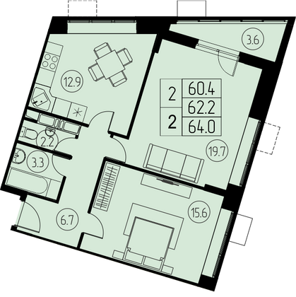 62,2 м², 2-комн. квартира, 2/17 этаж