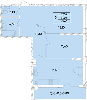 65,6 м², 2-комн. квартира, 8/9 этаж