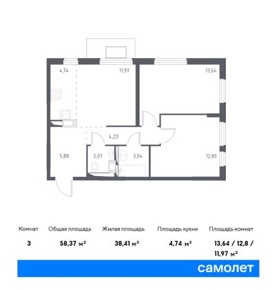 58,4 м², 2-комн. квартира, 12/17 этаж