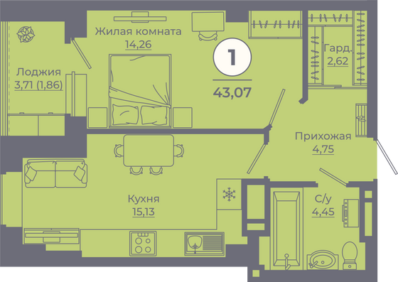 Продажа 1-комнатной квартиры 43 м², 17/24 этаж