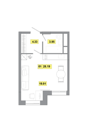 28,2 м², 1-комн. квартира, 1 этаж