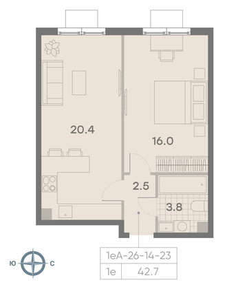 Продажа 1-комнатной квартиры 42,7 м², 23/23 этаж