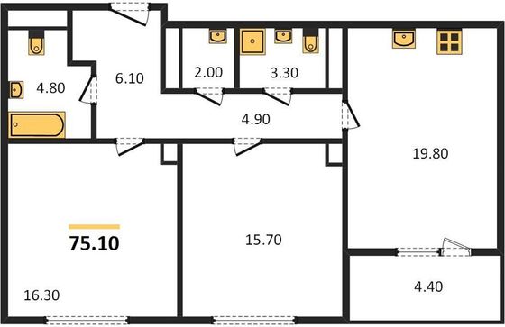 Продажа 2-комнатной квартиры 75,1 м², 19/28 этаж