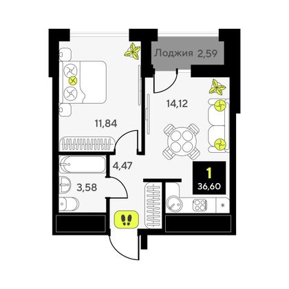 36,6 м², 1-комн. квартира, 13/14 этаж