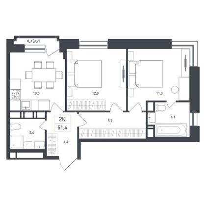 51,1 м², 2-комн. квартира, 7/8 этаж